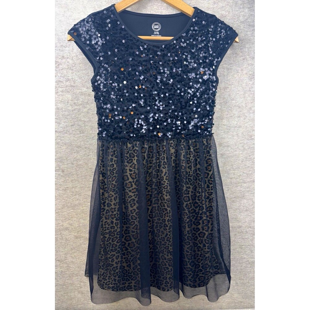 Wonder Nation Girls XL (14-16) Fit & Flare Dress Black Sequin Leopard Tulle